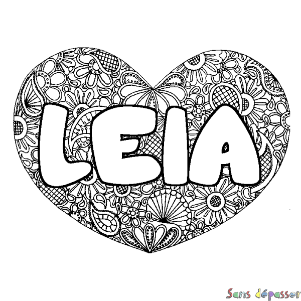 Coloriage pr&eacute;nom LEIA - d&eacute;cor Mandala coeur