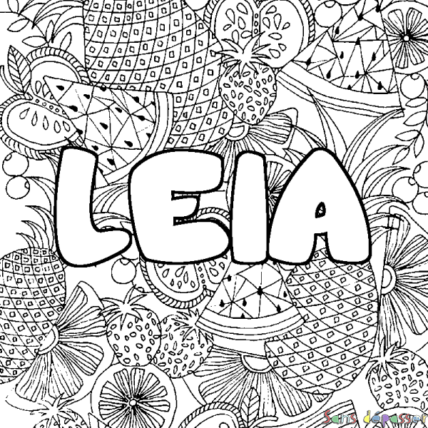 Coloriage pr&eacute;nom LEIA - d&eacute;cor Mandala fruits