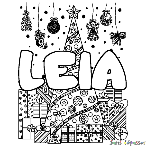 Coloriage pr&eacute;nom LEIA - d&eacute;cor Sapin et Cadeaux