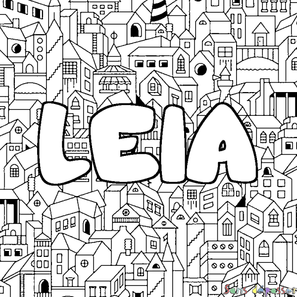 Coloriage pr&eacute;nom LEIA - d&eacute;cor Ville
