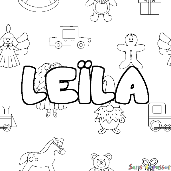 Coloriage pr&eacute;nom LE&Iuml;LA - d&eacute;cor Jouets