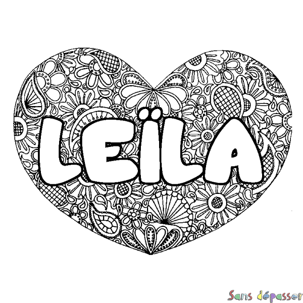 Coloriage pr&eacute;nom LE&Iuml;LA - d&eacute;cor Mandala coeur