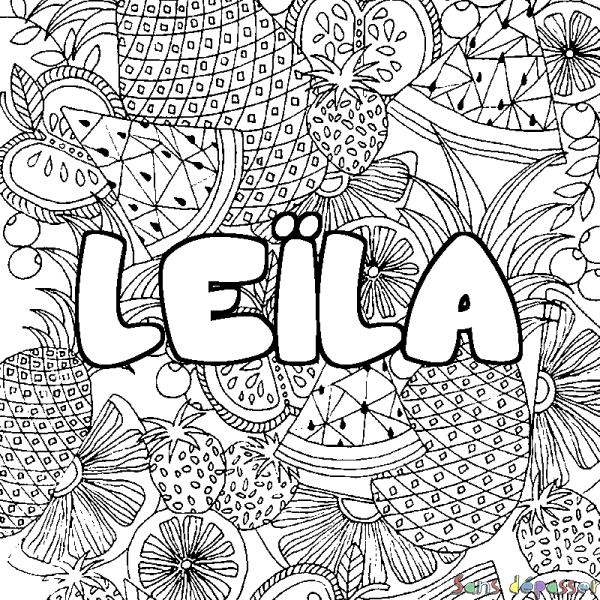 Coloriage pr&eacute;nom LE&Iuml;LA - d&eacute;cor Mandala fruits