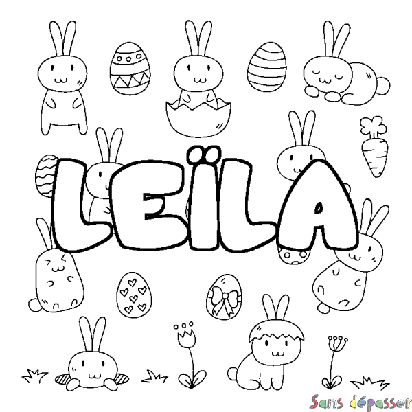 Coloriage pr&eacute;nom LE&Iuml;LA - d&eacute;cor Paques