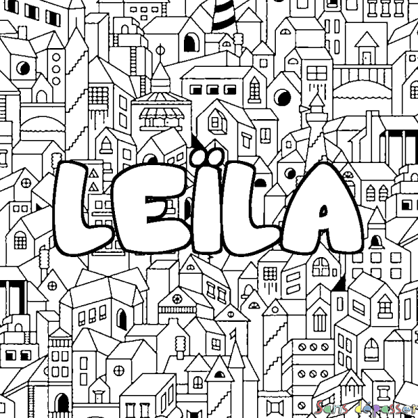 Coloriage pr&eacute;nom LE&Iuml;LA - d&eacute;cor Ville