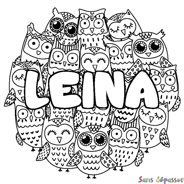 Coloriage pr&eacute;nom LEINA - d&eacute;cor Chouettes