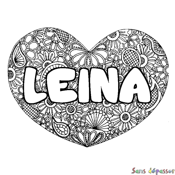 Coloriage pr&eacute;nom LEINA - d&eacute;cor Mandala coeur