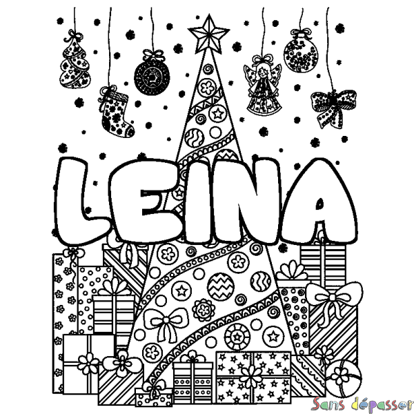 Coloriage pr&eacute;nom LEINA - d&eacute;cor Sapin et Cadeaux