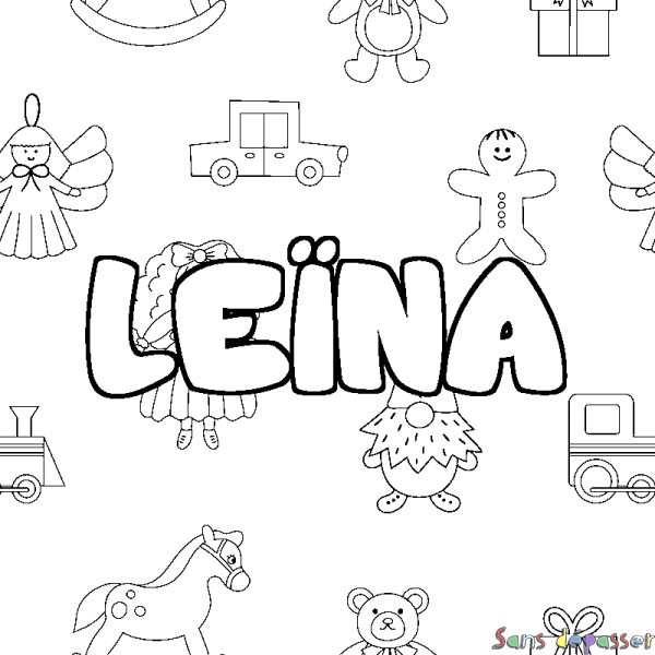 Coloriage pr&eacute;nom LE&Iuml;NA - d&eacute;cor Jouets