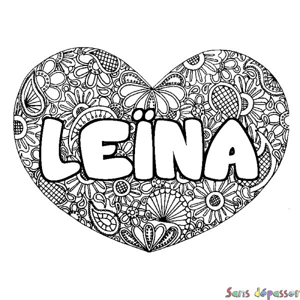 Coloriage pr&eacute;nom LE&Iuml;NA - d&eacute;cor Mandala coeur