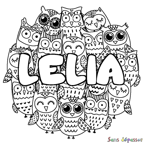 Coloriage pr&eacute;nom LELIA - d&eacute;cor Chouettes