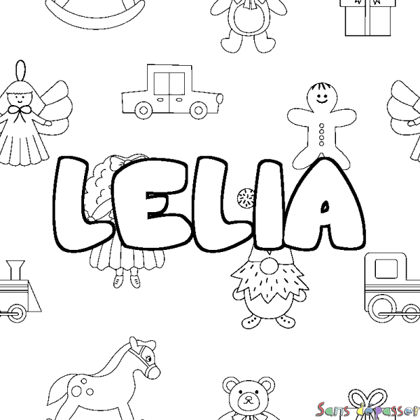 Coloriage pr&eacute;nom LELIA - d&eacute;cor Jouets