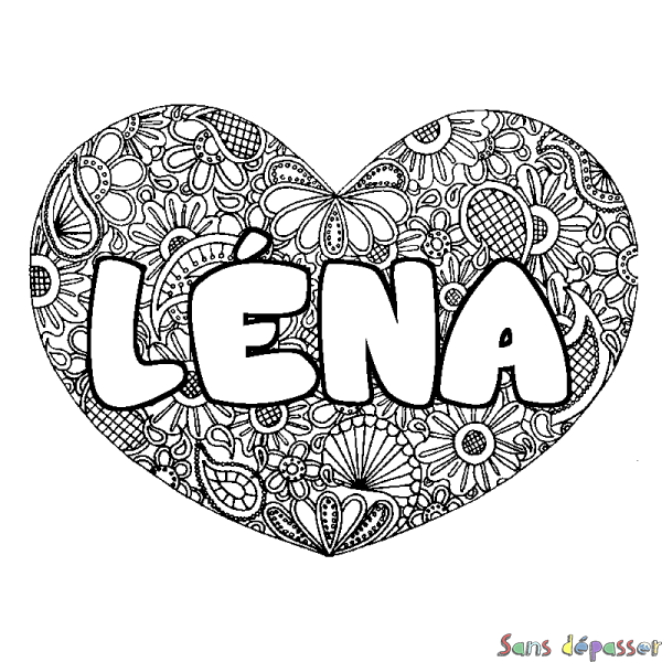 Coloriage pr&eacute;nom L&Eacute;NA - d&eacute;cor Mandala coeur