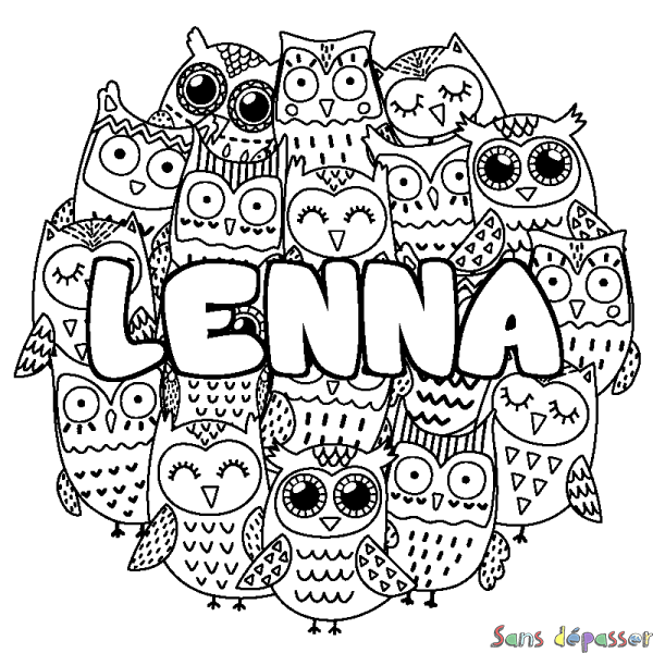 Coloriage pr&eacute;nom LENNA - d&eacute;cor Chouettes