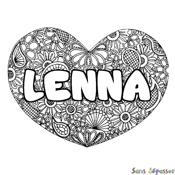 Coloriage pr&eacute;nom LENNA - d&eacute;cor Mandala coeur