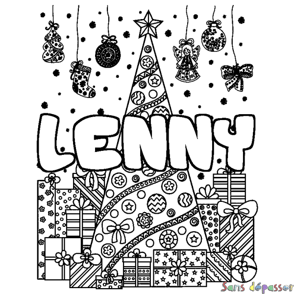 Coloriage prénom LENNY - d&eacute;cor Sapin et Cadeaux