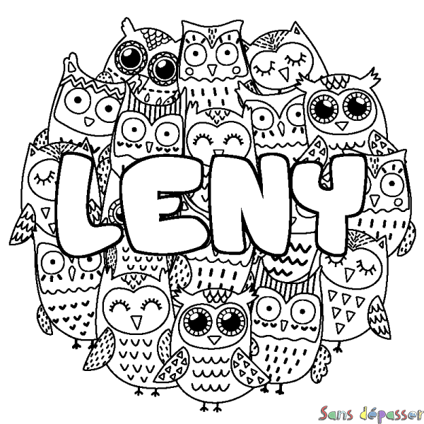 Coloriage pr&eacute;nom LENY - d&eacute;cor Chouettes