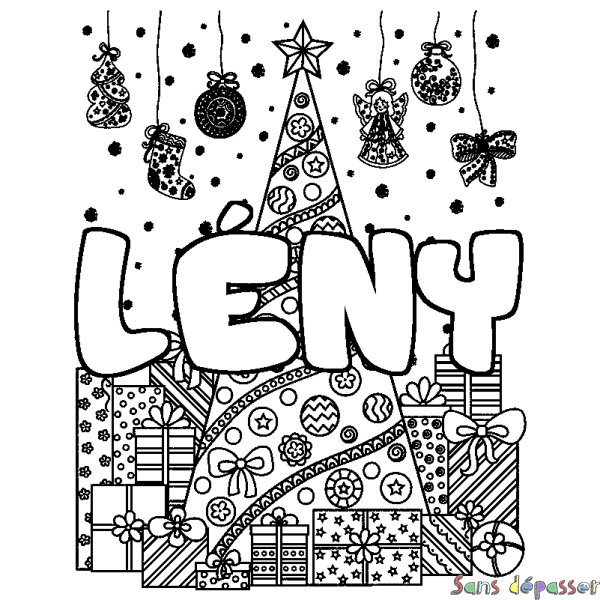 Coloriage pr&eacute;nom L&Eacute;NY - d&eacute;cor Sapin et Cadeaux