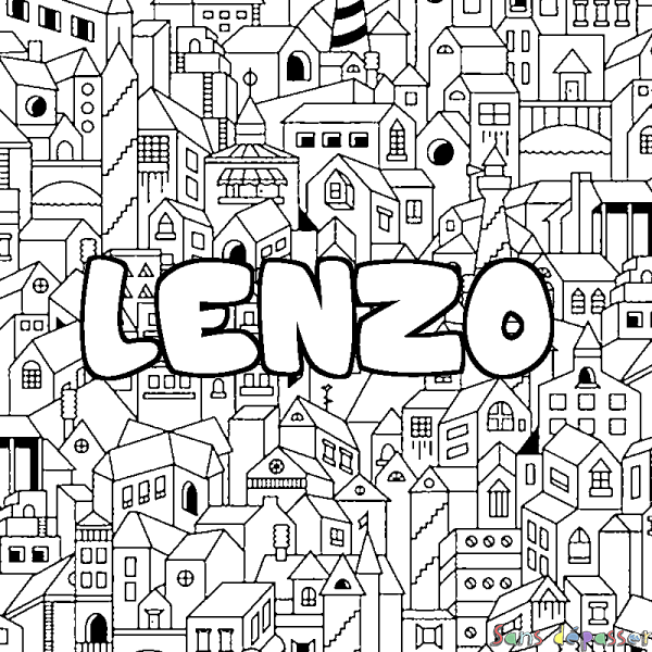 Coloriage pr&eacute;nom LENZO - d&eacute;cor Ville
