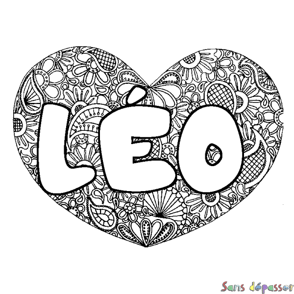 Coloriage pr&eacute;nom L&Eacute;O - d&eacute;cor Mandala coeur