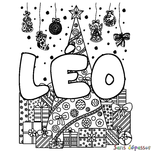 Coloriage pr&eacute;nom L&Eacute;O - d&eacute;cor Sapin et Cadeaux