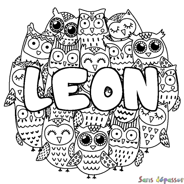 Coloriage pr&eacute;nom LEON - d&eacute;cor Chouettes