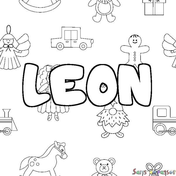Coloriage pr&eacute;nom LEON - d&eacute;cor Jouets