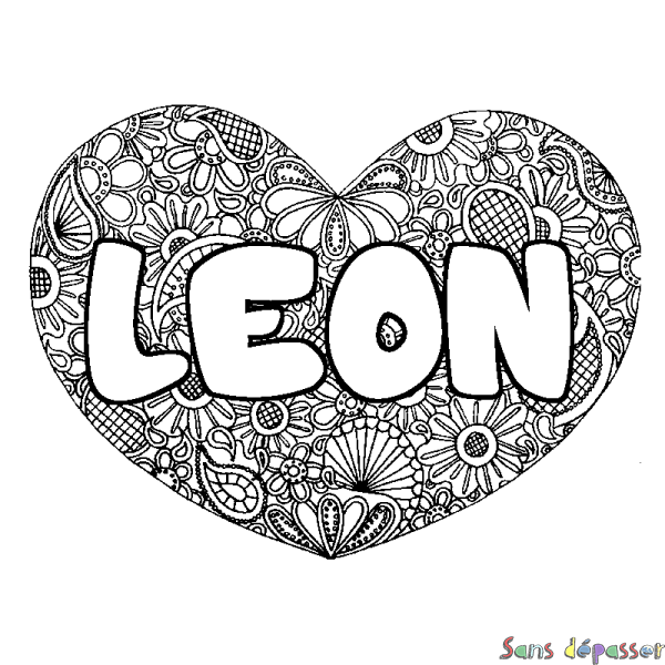 Coloriage pr&eacute;nom LEON - d&eacute;cor Mandala coeur
