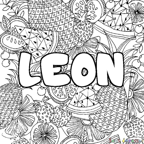 Coloriage pr&eacute;nom LEON - d&eacute;cor Mandala fruits