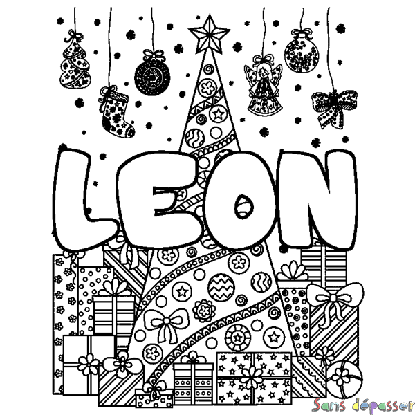 Coloriage pr&eacute;nom LEON - d&eacute;cor Sapin et Cadeaux