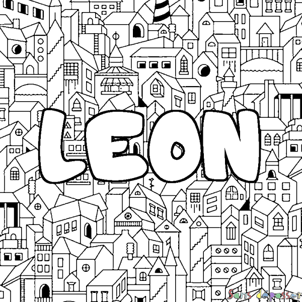 Coloriage pr&eacute;nom LEON - d&eacute;cor Ville