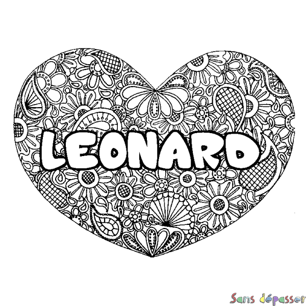 Coloriage pr&eacute;nom LEONARD - d&eacute;cor Mandala coeur