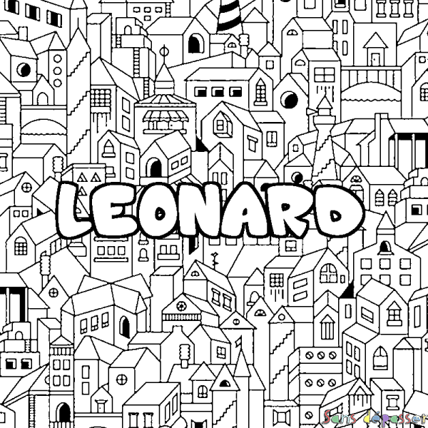 Coloriage pr&eacute;nom LEONARD - d&eacute;cor Ville