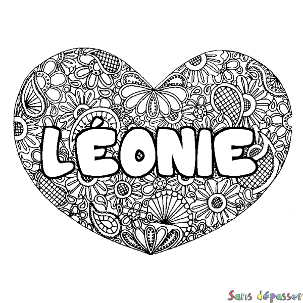 Coloriage pr&eacute;nom L&Eacute;ONIE - d&eacute;cor Mandala coeur