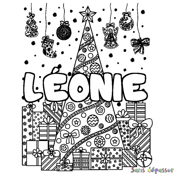 Coloriage pr&eacute;nom L&Eacute;ONIE - d&eacute;cor Sapin et Cadeaux