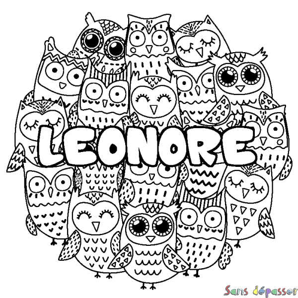 Coloriage pr&eacute;nom LEONORE - d&eacute;cor Chouettes