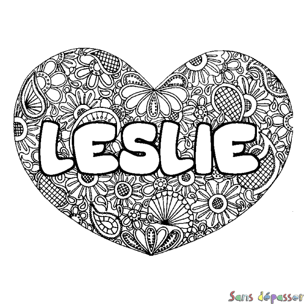 Coloriage pr&eacute;nom LESLIE - d&eacute;cor Mandala coeur