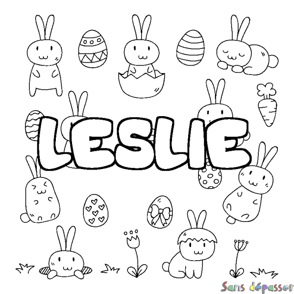 Coloriage pr&eacute;nom LESLIE - d&eacute;cor Paques