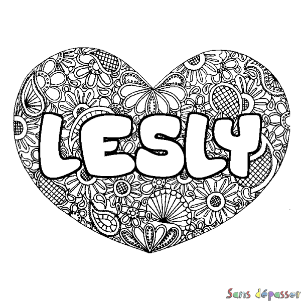 Coloriage pr&eacute;nom LESLY - d&eacute;cor Mandala coeur