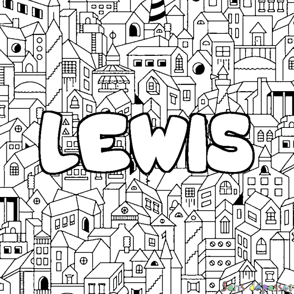 Coloriage pr&eacute;nom LEWIS - d&eacute;cor Ville