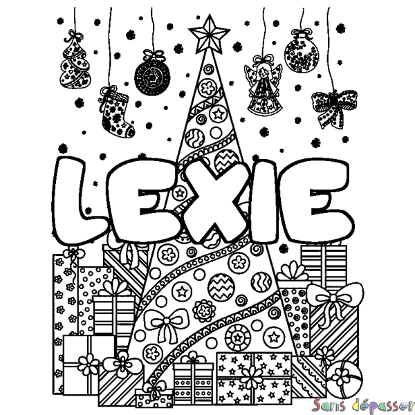 Coloriage prénom LEXIE - d&eacute;cor Sapin et Cadeaux