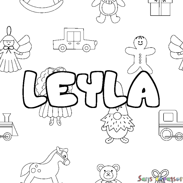 Coloriage pr&eacute;nom LEYLA - d&eacute;cor Jouets