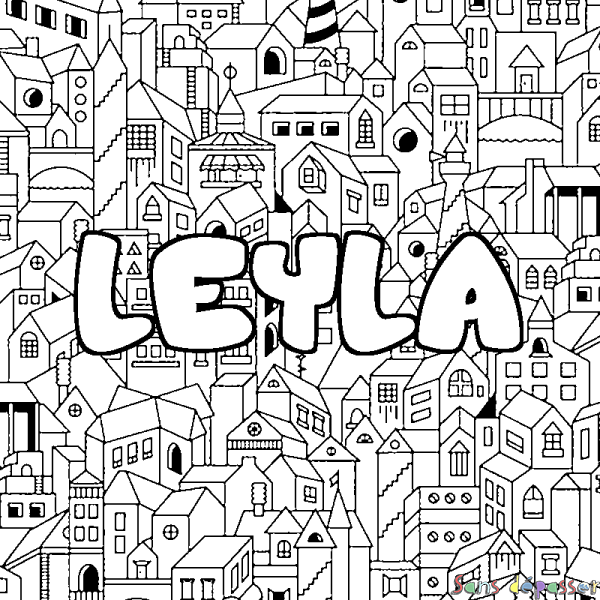Coloriage prénom LEYLA - d&eacute;cor Ville