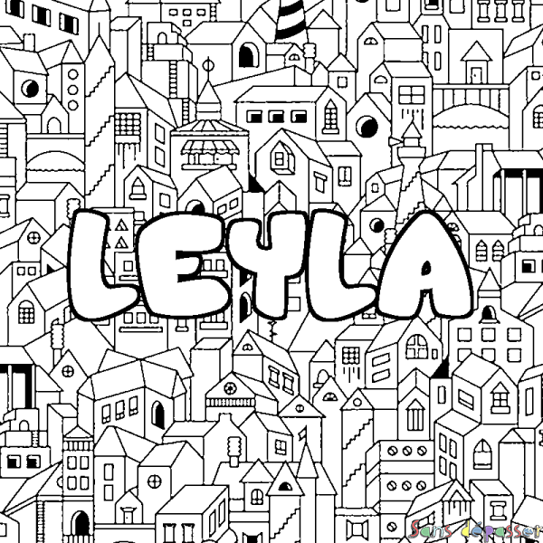 Coloriage pr&eacute;nom LEYLA - d&eacute;cor Ville