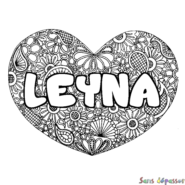 Coloriage pr&eacute;nom LEYNA - d&eacute;cor Mandala coeur