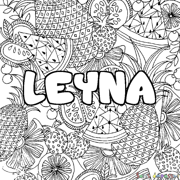 Coloriage pr&eacute;nom LEYNA - d&eacute;cor Mandala fruits