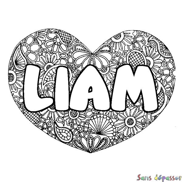 Coloriage pr&eacute;nom LIAM - d&eacute;cor Mandala coeur