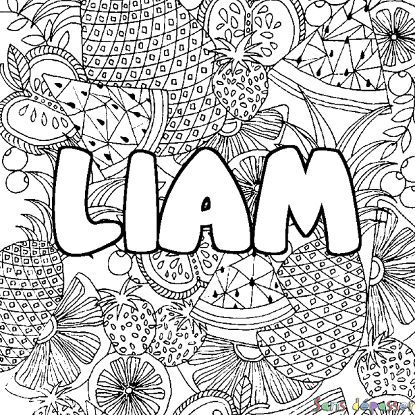 Coloriage pr&eacute;nom LIAM - d&eacute;cor Mandala fruits