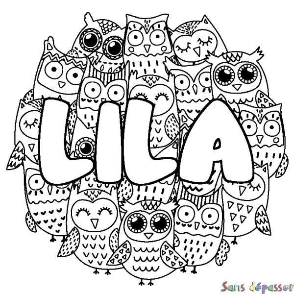 Coloriage pr&eacute;nom LILA - d&eacute;cor Chouettes
