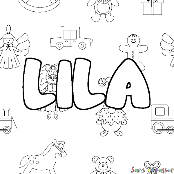 Coloriage pr&eacute;nom LILA - d&eacute;cor Jouets
